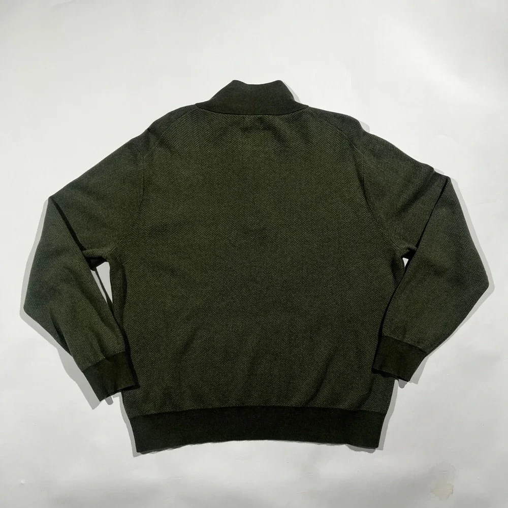 J.Crew Mens Large Green Herringbone 100% Cotton Quarter Zip Pullover Sweater
